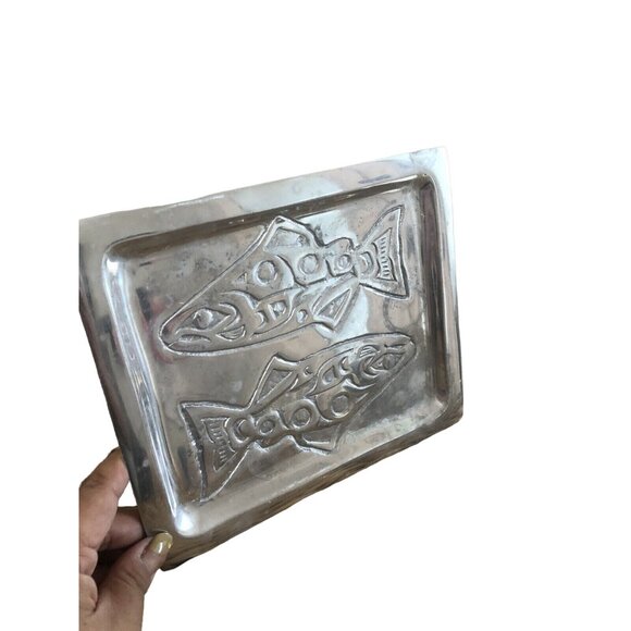 Northwest Pewter Salmon Bread Tray - Annie Kaill Vintage Northwest Pewter Co Auke Bay Alaska Tray Two Salmon Motif